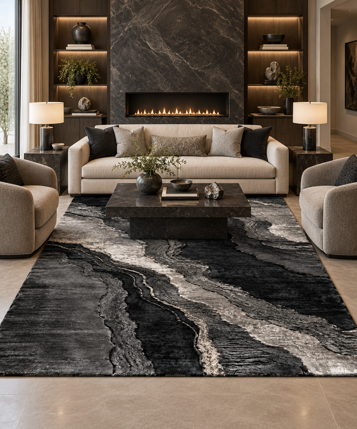 Obsidian Strata Natural Silk Area Rug